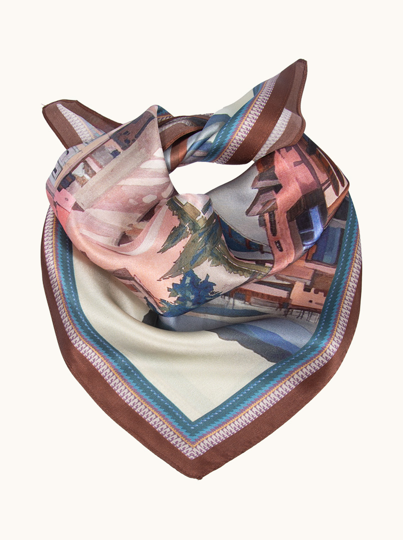 Mała apaszka  jedwabna gawroszka  z malarskim pejzażem miejskim  53 cm x 53 cm zdjęcie 3
