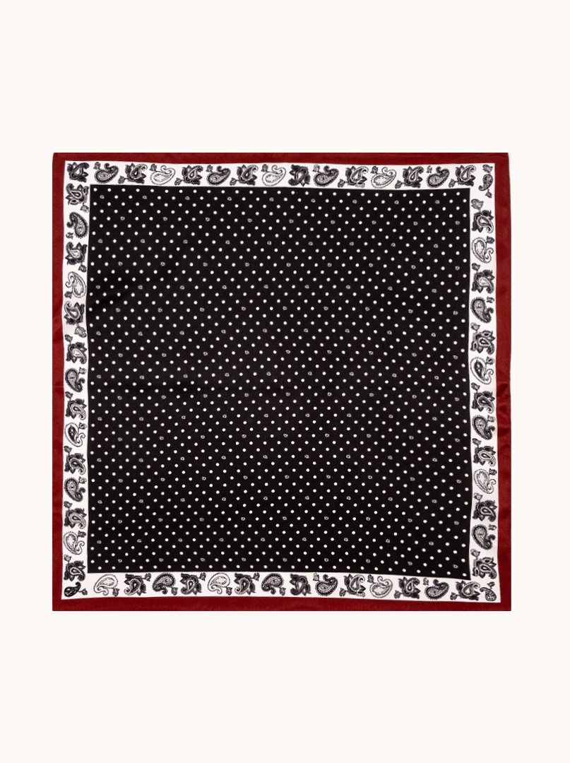 Mała apaszka jedwabna damska gawroszka w groszki z bordową ramką 53cm x 53cm zdjęcie 2
