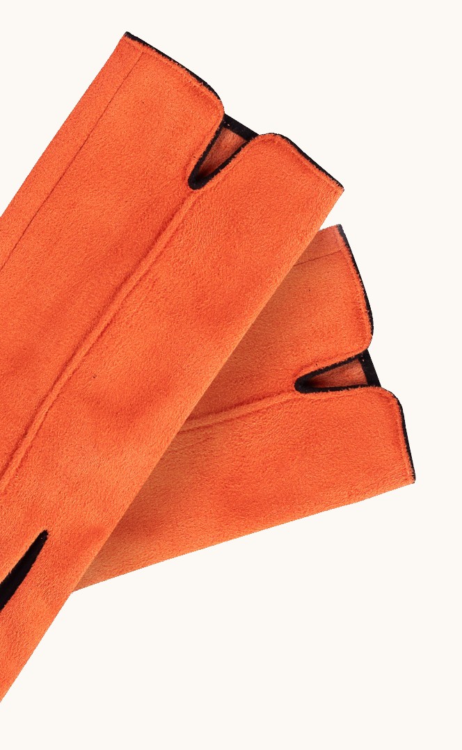 Rękawiczki damskie zamszowe pomarańczowe z czarnymi wstawkami zdjęcie 3