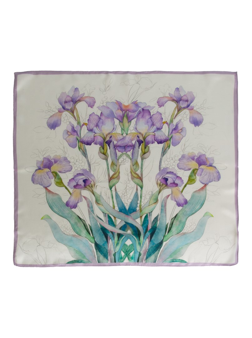 Elegancka apaszka jedwabna w fioletowe irysy  68cm x 68cm  zdjęcie 1