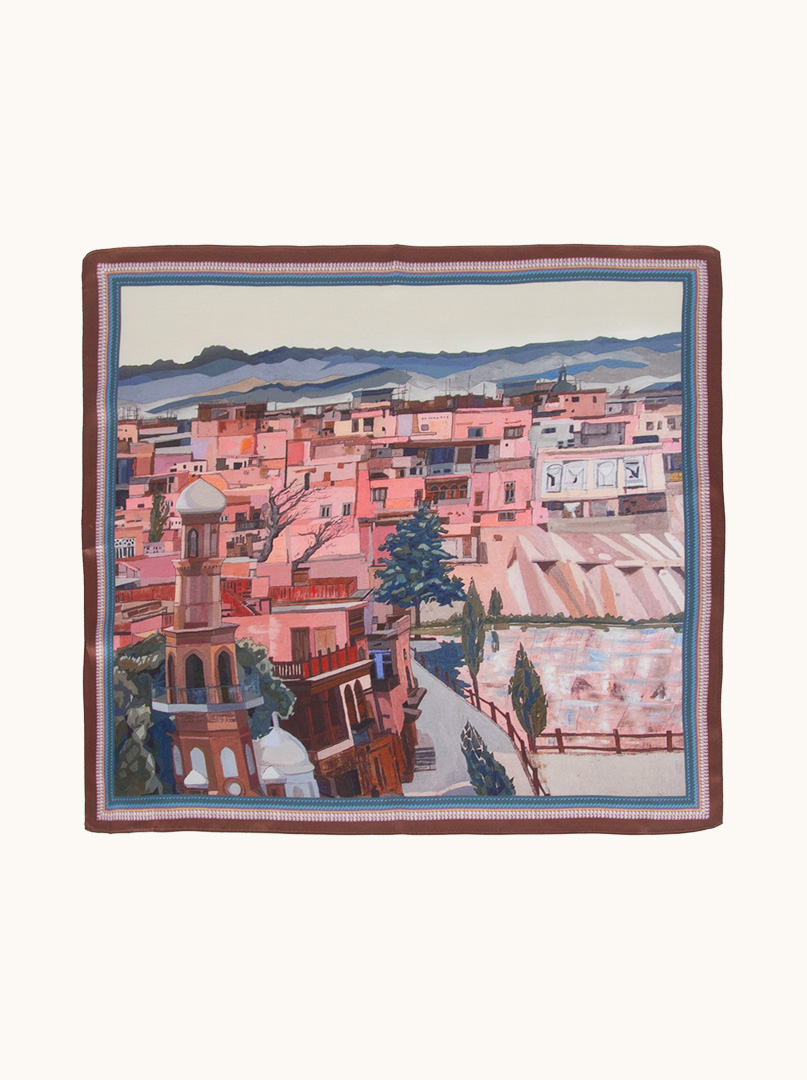 Mała apaszka  jedwabna gawroszka  z malarskim pejzażem miejskim  53 cm x 53 cm zdjęcie 1