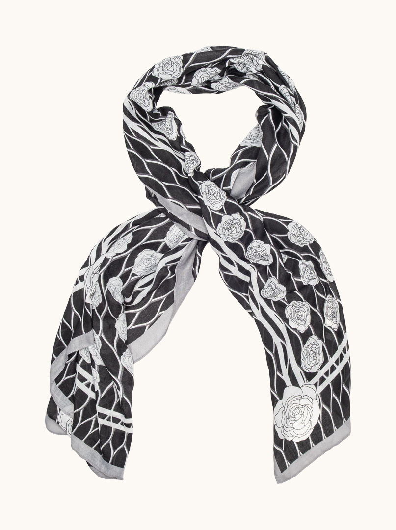 Lekki szal wiskoza 100% w czarno-białe róże 70 cm x180 cm zdjęcie 1