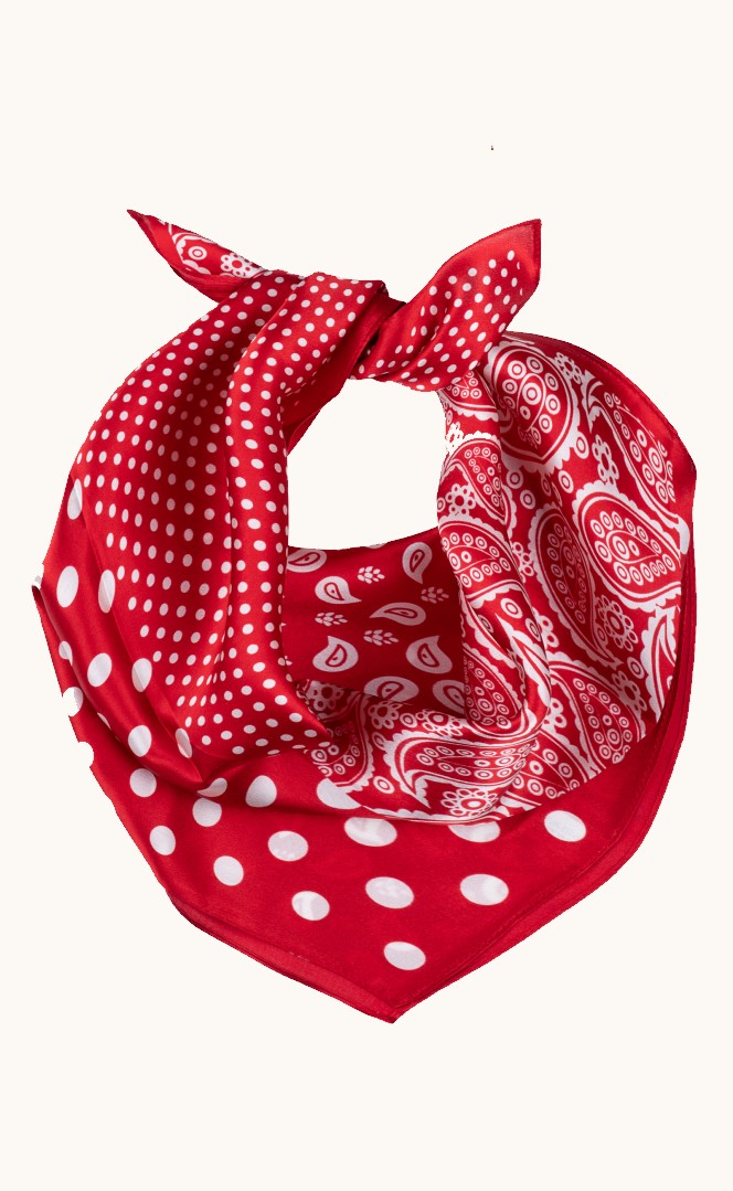 Apaszka jedwabna czerwona w grochy i paisleye 53x53 cm zdjęcie 1