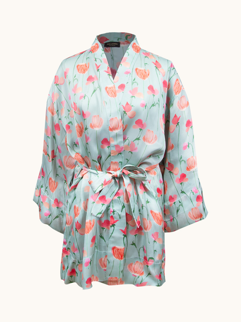 Szlafrok kimono z wiskozy miętowy z wzorem koralowo-różowych tulipanów PREMIUM  zdjęcie 3