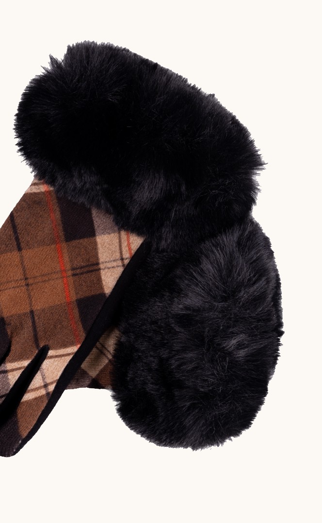 Rękawiczki damskie w kratę z czarnym futerkiem zdjęcie 2