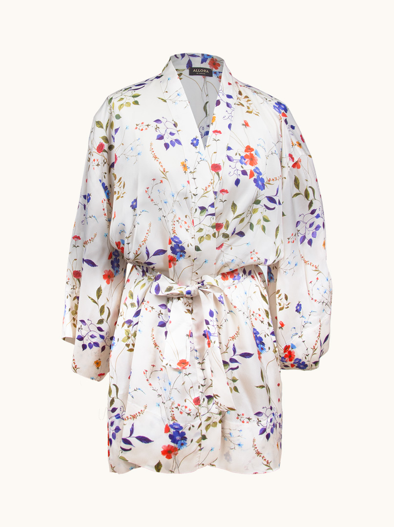 Szlafrok kimono z wiskozy kremowy w kwiaty  PREMIUM  zdjęcie 4