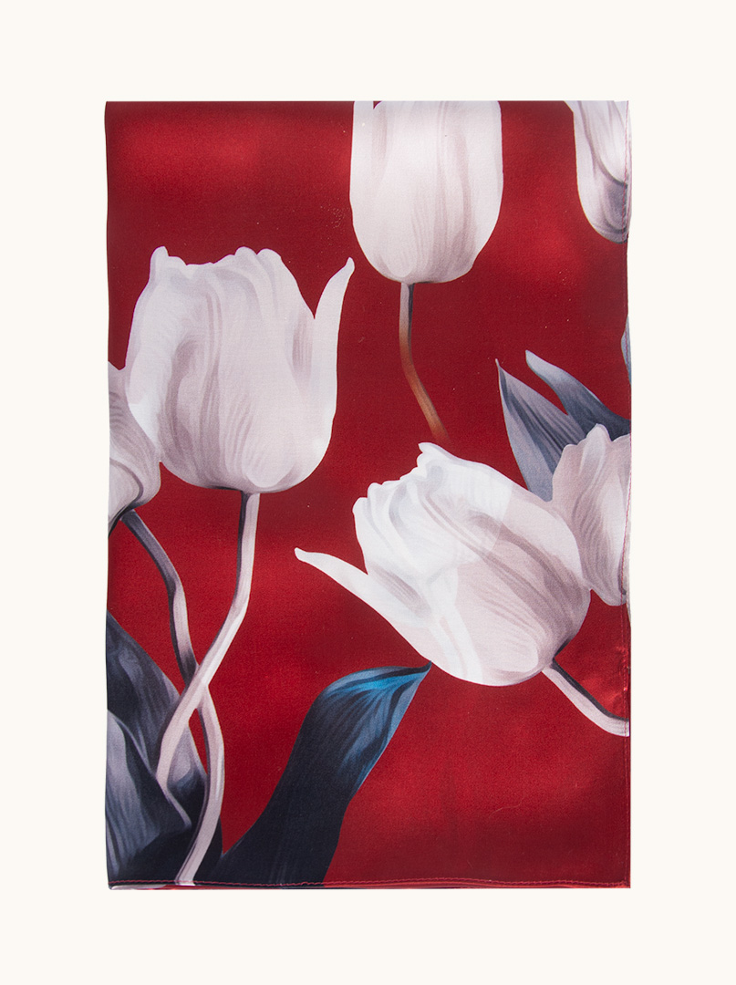 Szal jedwabny bordowy w tulipany 55 cm x 170 cm zdjęcie 2