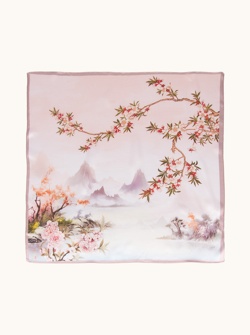 Mała apaszka jedwabna gawroszka różowa w kwiaty  53cm x53cm zdjęcie 2