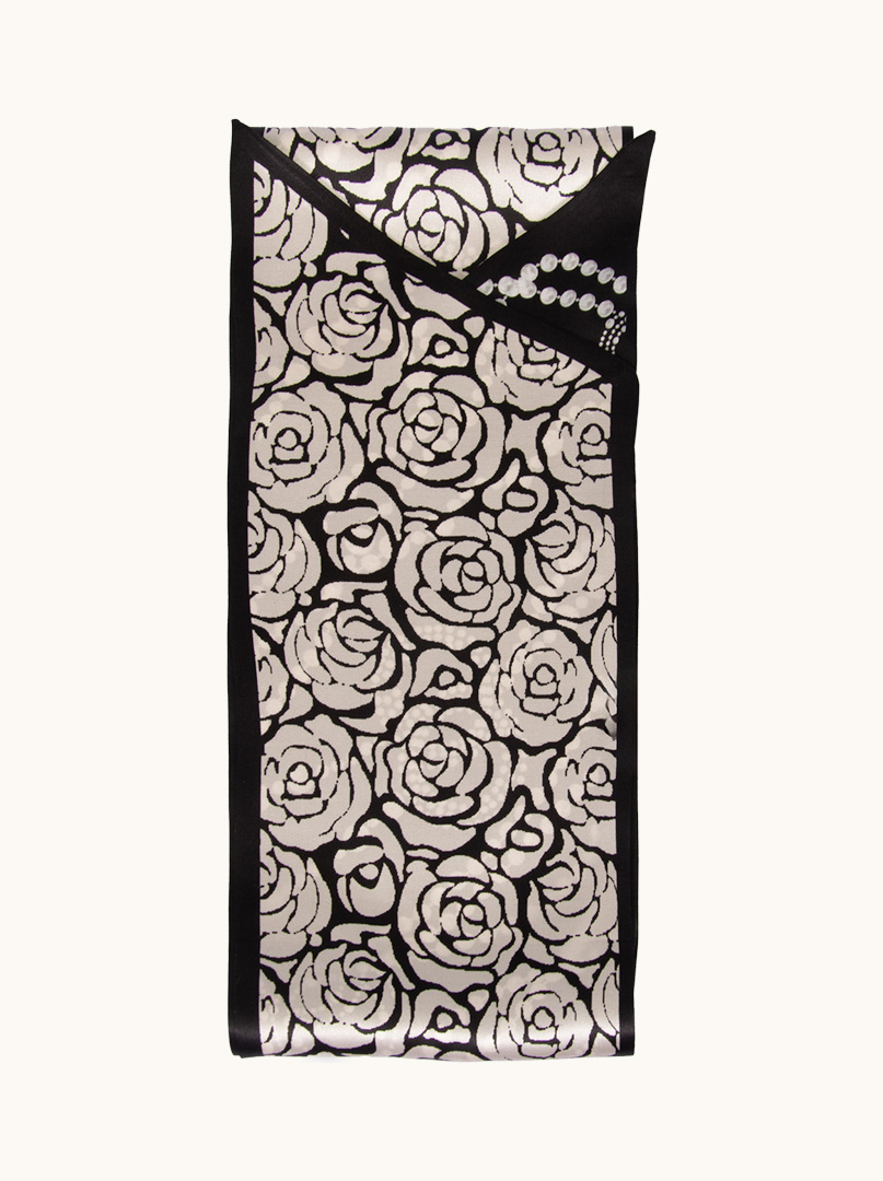 Dwustronny wąski szal jedwabny z motywem róż i pereł czarno-biały 17cm x 150cm  zdjęcie 2