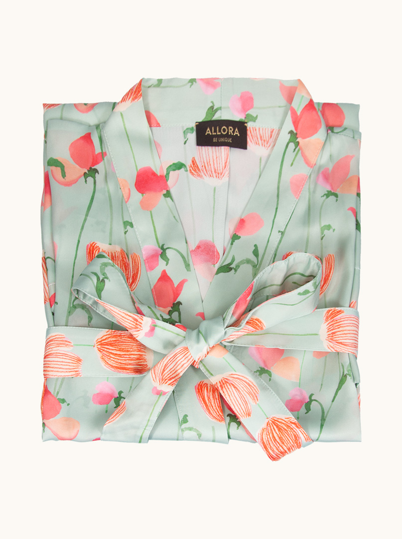 Szlafrok kimono z wiskozy miętowy z wzorem koralowo-różowych tulipanów PREMIUM  zdjęcie 4