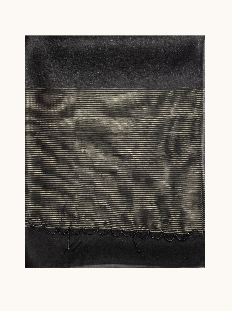 Szal wieczorowy czarny z jedwabiu i wełny ze zdobieniami 70x190 cm PREMIUM zdjęcie 2