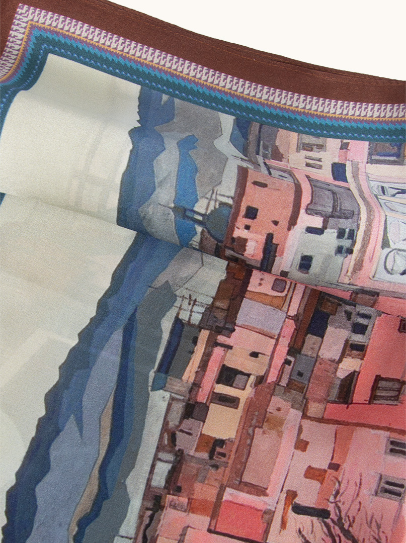 Mała apaszka  jedwabna gawroszka  z malarskim pejzażem miejskim  53 cm x 53 cm zdjęcie 4