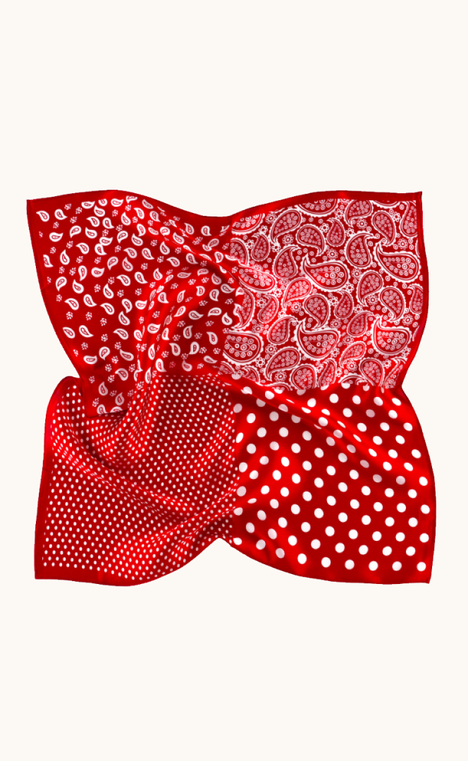 Apaszka jedwabna czerwona w grochy i paisleye 53x53 cm zdjęcie 4