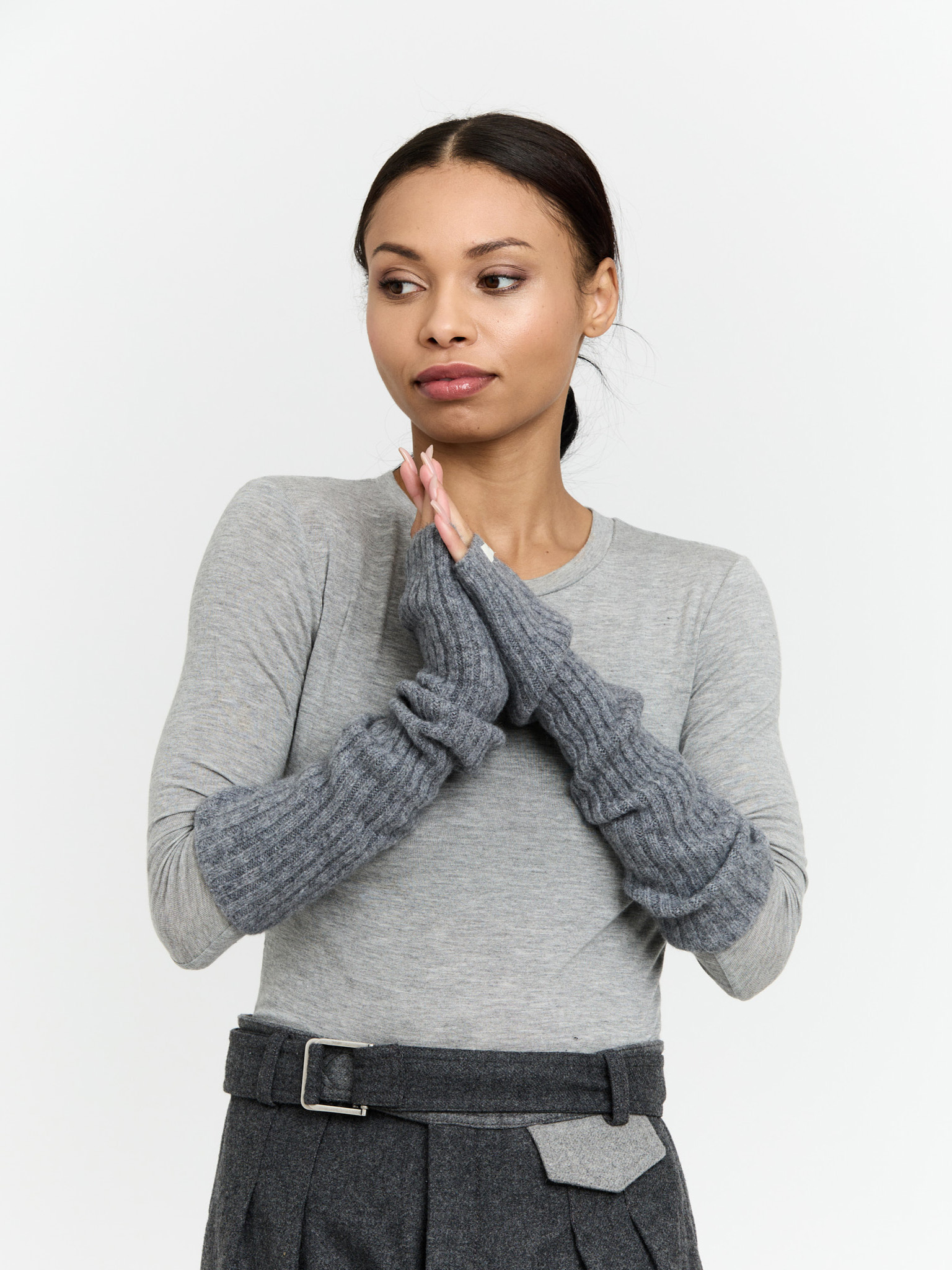 Długie rękawiczki wełniane mitenki szare 42 cm PREMIUM HIT zdjęcie 4