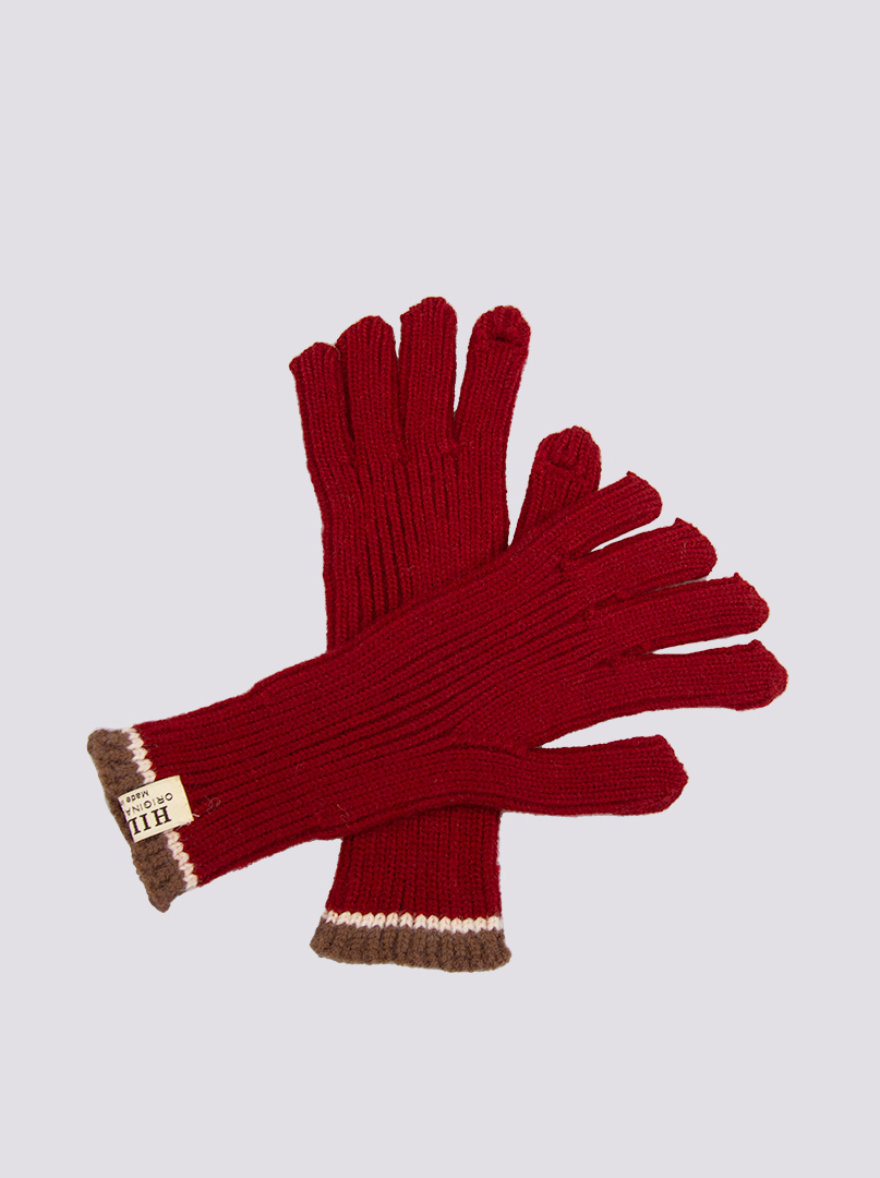 Krótkie rękawiczki grube dzianinowe czerwone z brązową końcówką zdjęcie 1