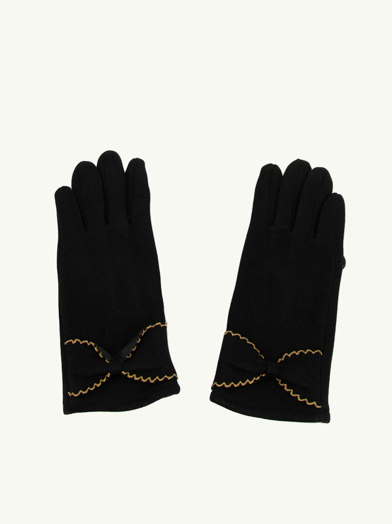 Czarne dzianinowe Rękawiczki  z ozdobną kokardką ze złotą nitką zdjęcie 2