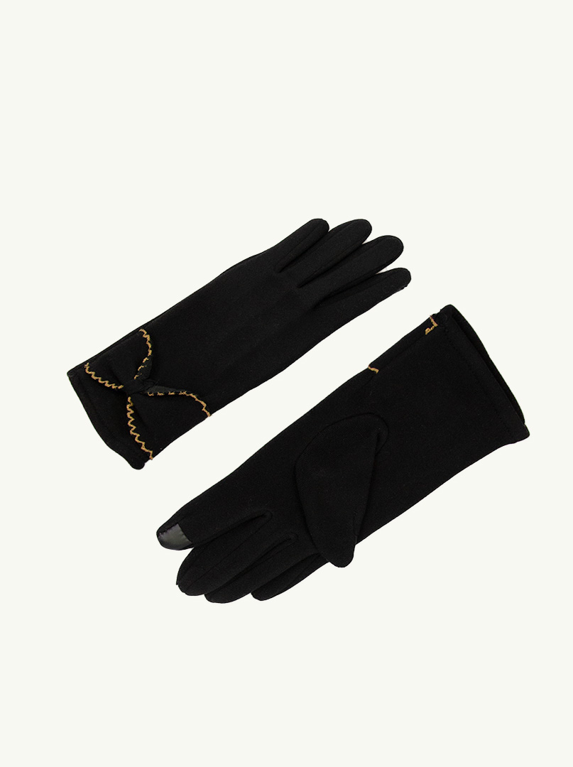 Czarne dzianinowe Rękawiczki  z ozdobną kokardką ze złotą nitką zdjęcie 3