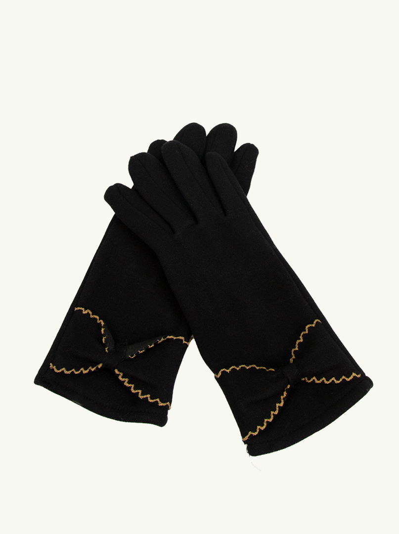 Czarne dzianinowe Rękawiczki  z ozdobną kokardką ze złotą nitką zdjęcie 1