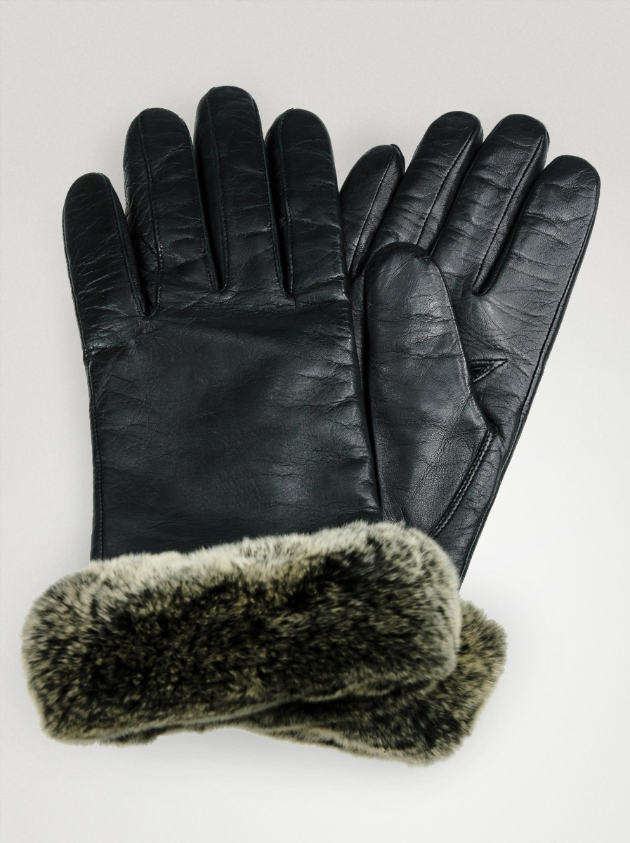czarne skórzane rękawiczki z futerkiem M - Allora zdjęcie 1