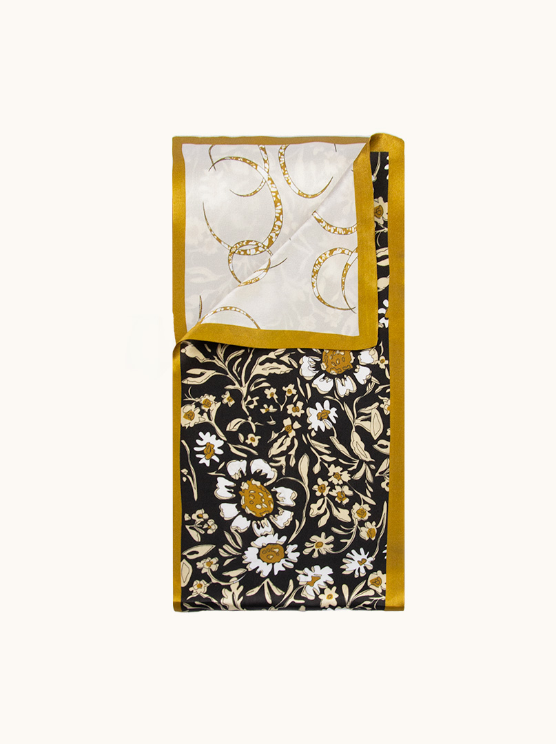 Dwustronny wąski szal z jedwabiu czarny w kwiaty 16x145cm zdjęcie 3