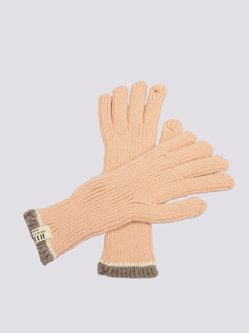 Krótkie rękawiczki grube dzianinowe łososiowe z brązową końcówką zdjęcie 3