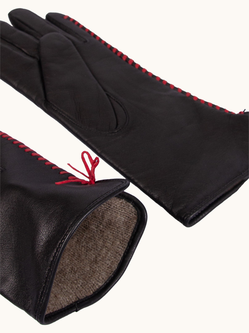 Czarne Skórzane Rękawiczki  z ozdobnym czerwonym przeszyciem zdjęcie 2