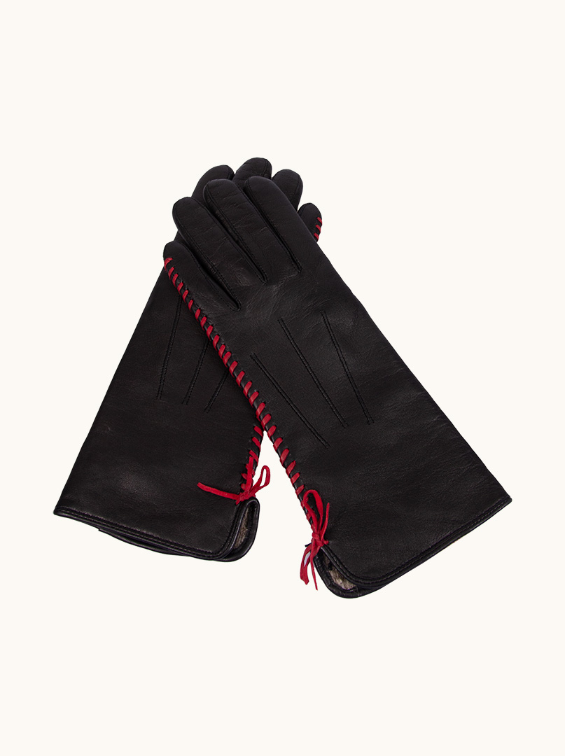 Czarne Skórzane Rękawiczki  z ozdobnym czerwonym przeszyciem zdjęcie 1