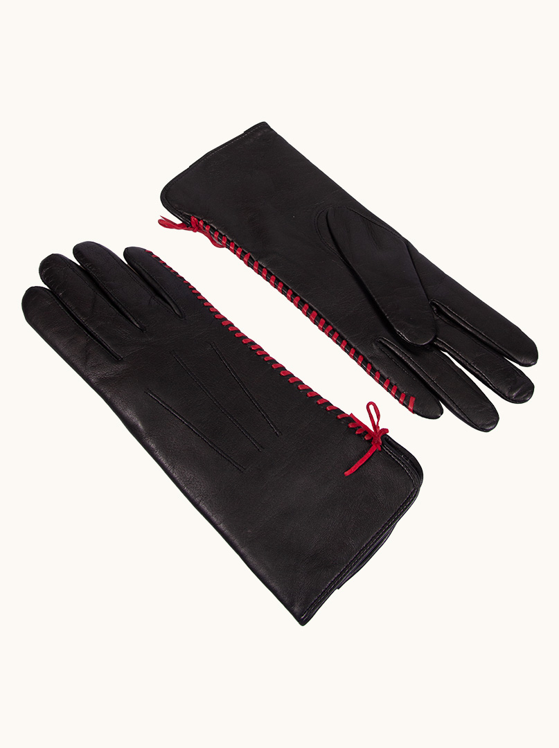 Czarne Skórzane Rękawiczki  z ozdobnym czerwonym przeszyciem zdjęcie 3