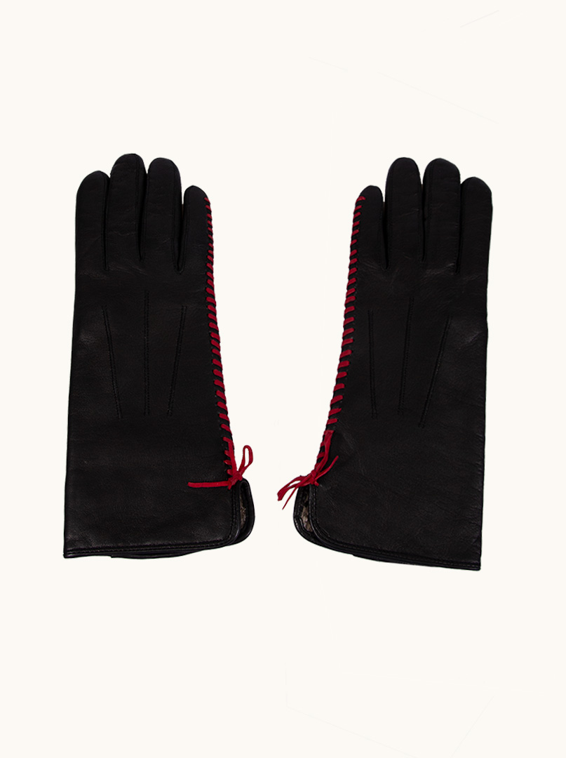 Czarne Skórzane Rękawiczki  z ozdobnym czerwonym przeszyciem zdjęcie 4