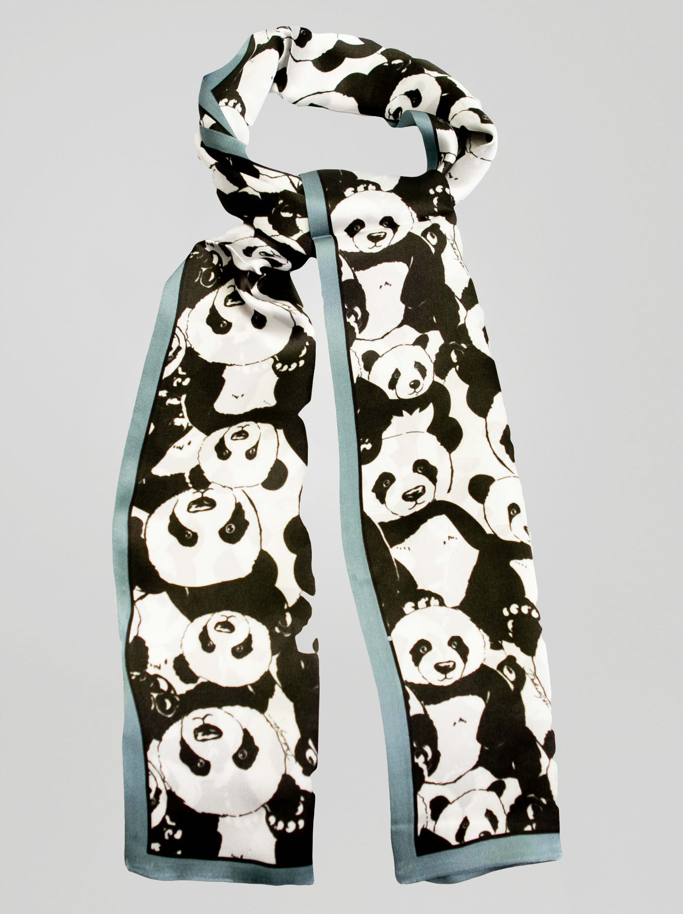 Dwustronny wąski szal z jedwabiu w pandy zdjęcie 1