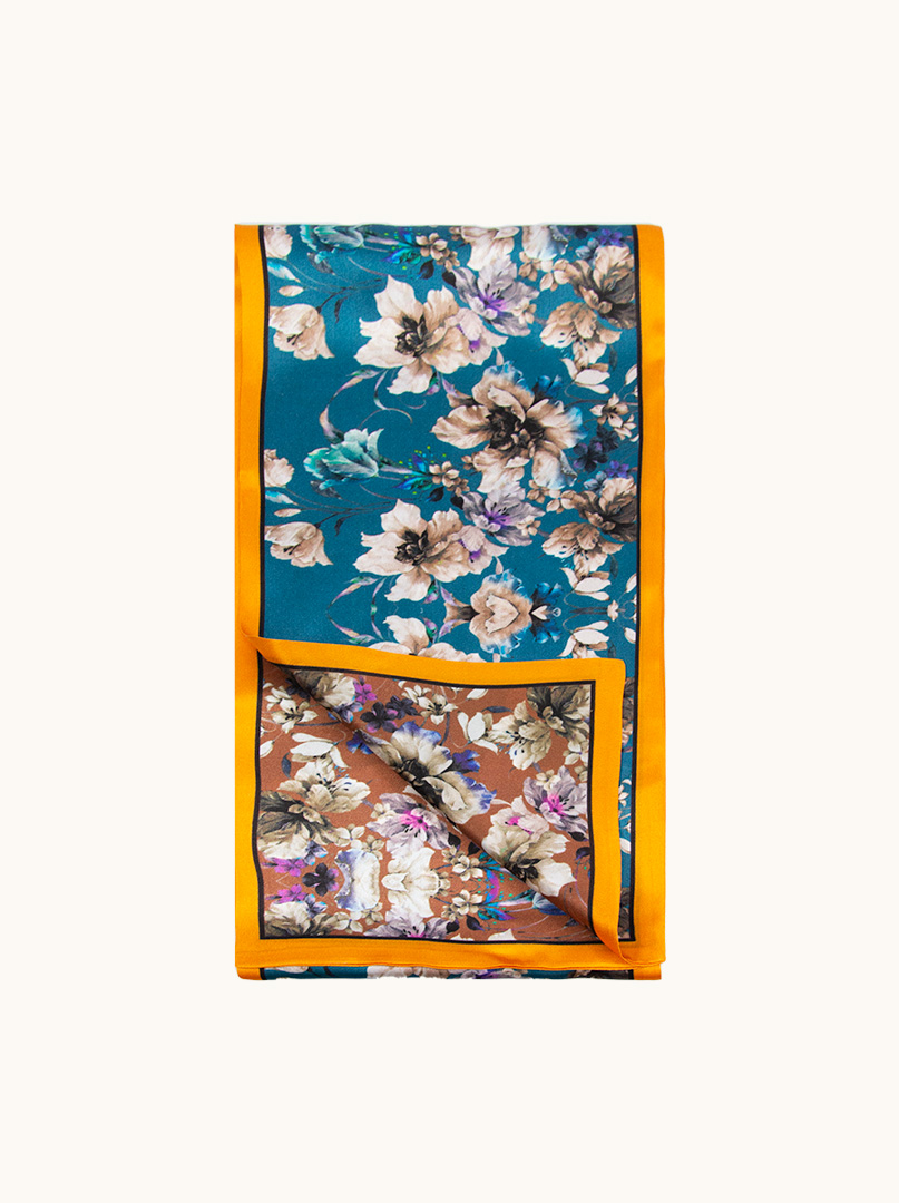 Dwustronny wąski szal z jedwabiu błękitny w kwiaty 16x145cm zdjęcie 3