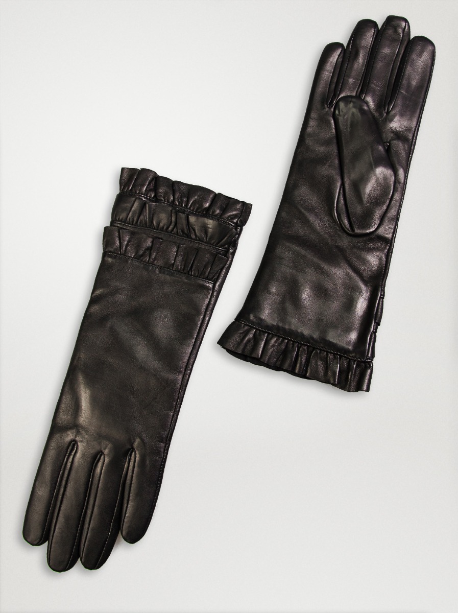 Rękawiczki skórzane w kolorze ciemnej czekolady z ozdobną falbanką - Allora zdjęcie 2