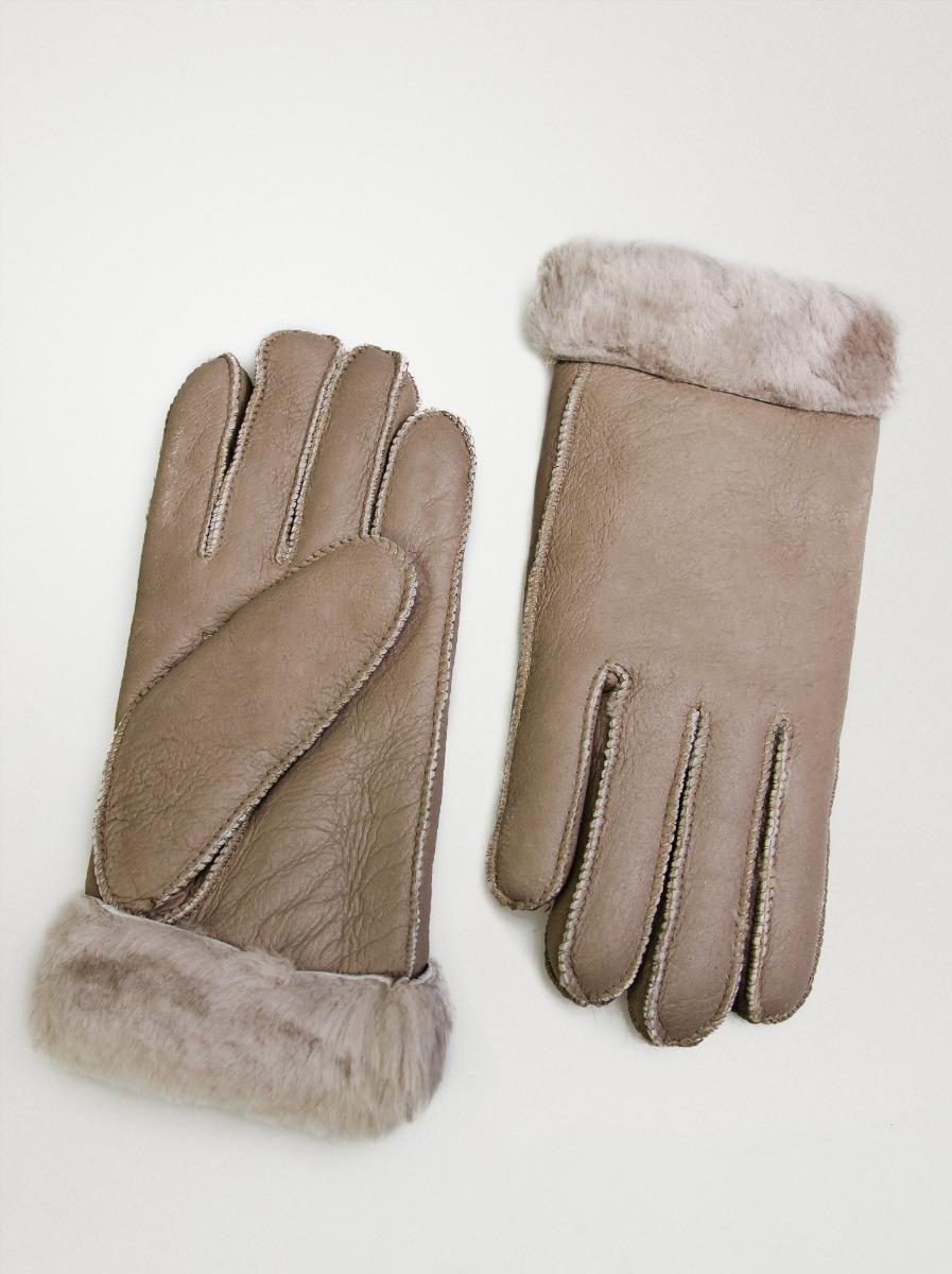 ciepłe skórzane rękawiczki z futerkiem ciemny beż - L - Allora zdjęcie 1
