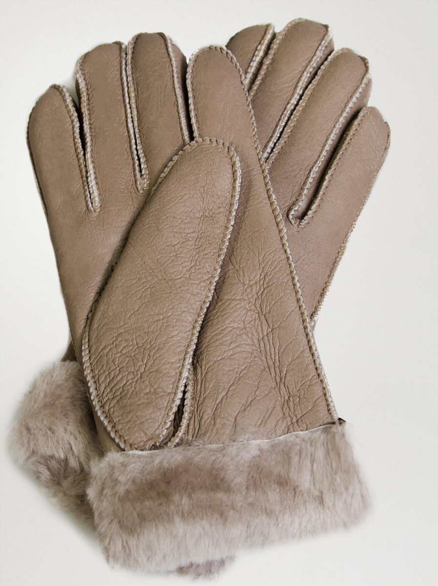 Ciepłe skórzane rękawiczki z futerkiem ciemny beż - M - Allora zdjęcie 2
