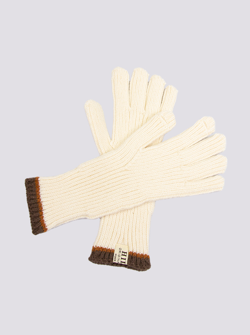 Krótkie rękawiczki grube dzianinowe kremowe z brązową końcówką zdjęcie 1