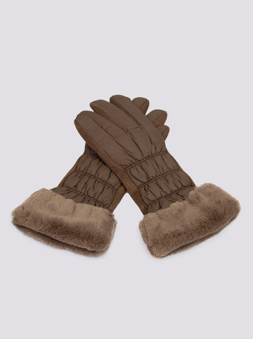 Rękawiczki brązowe dzianinowe pikowane z futerkiem zdjęcie 1