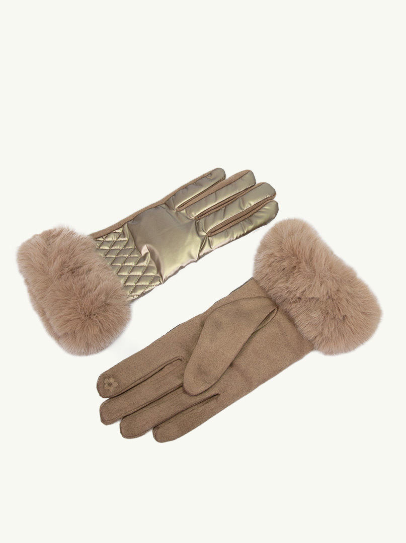 Rękawiczki złote dzianinowe pikowane połyskujące z ozdobnym futerkiem zdjęcie 2