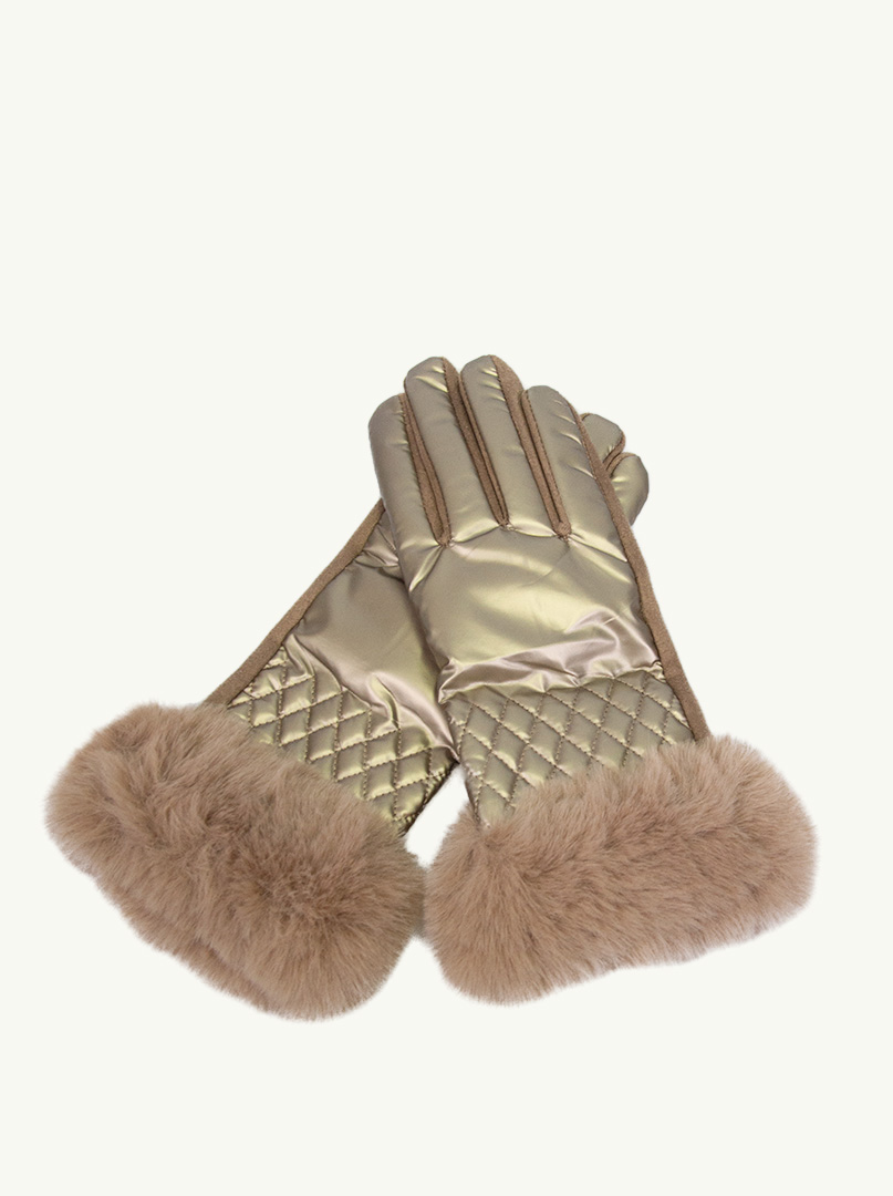 Rękawiczki złote dzianinowe pikowane połyskujące z ozdobnym futerkiem zdjęcie 3
