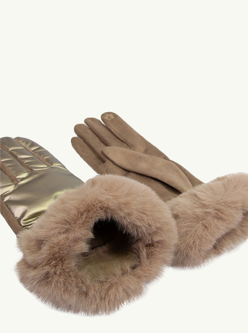 Rękawiczki złote dzianinowe pikowane połyskujące z ozdobnym futerkiem zdjęcie 4