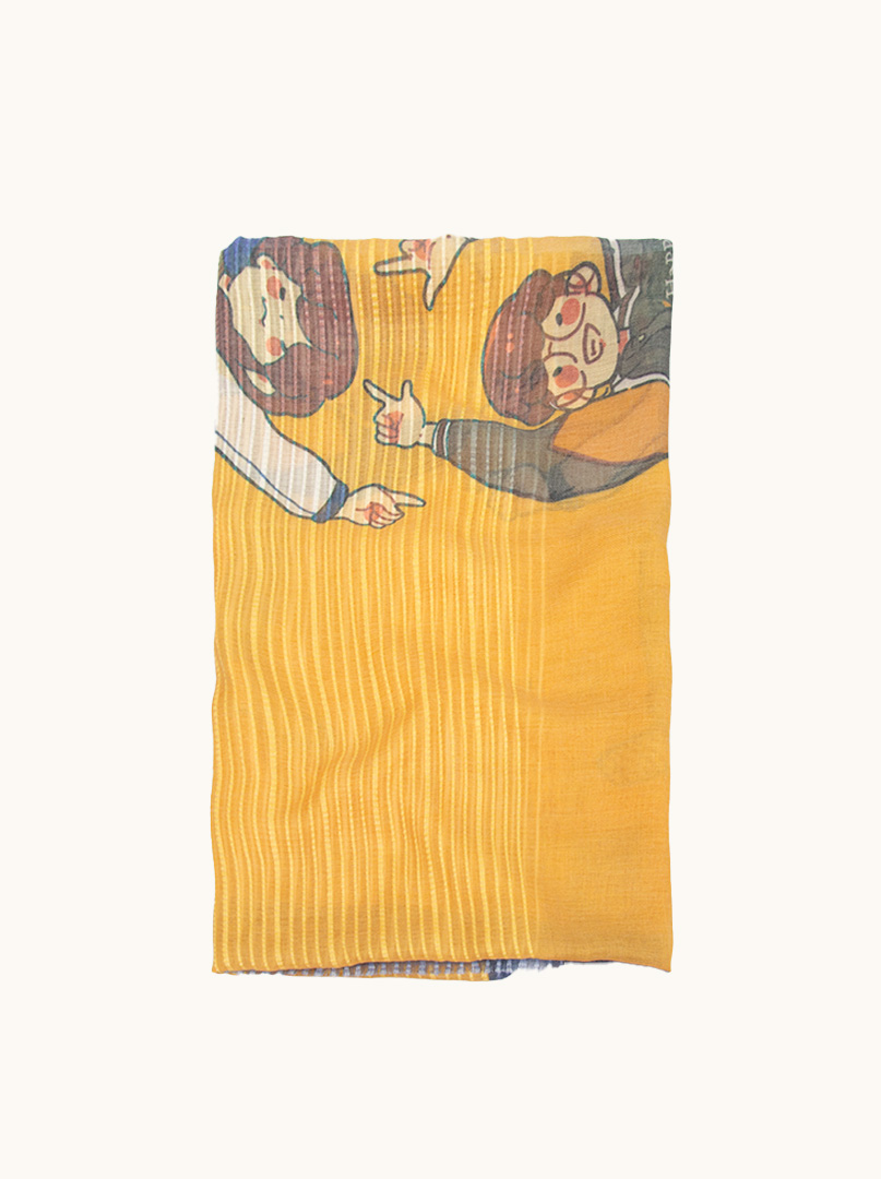 Szal bawełniany  żółty z motywem uśmiechniętych dzieci 90 cm  x 180 cm zdjęcie 3
