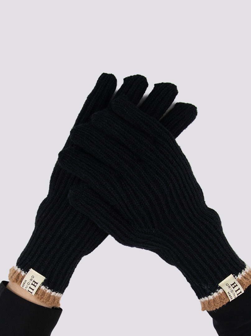 Krótkie rękawiczki grube dzianinowe czarne z brązową końcówką zdjęcie 1