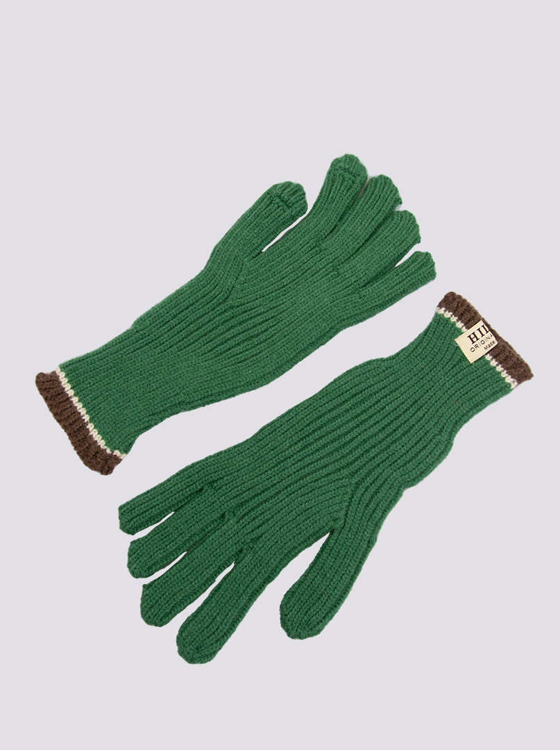 Krótkie rękawiczki grube dzianinowe ciemnozielone z brązową końcówką zdjęcie 4