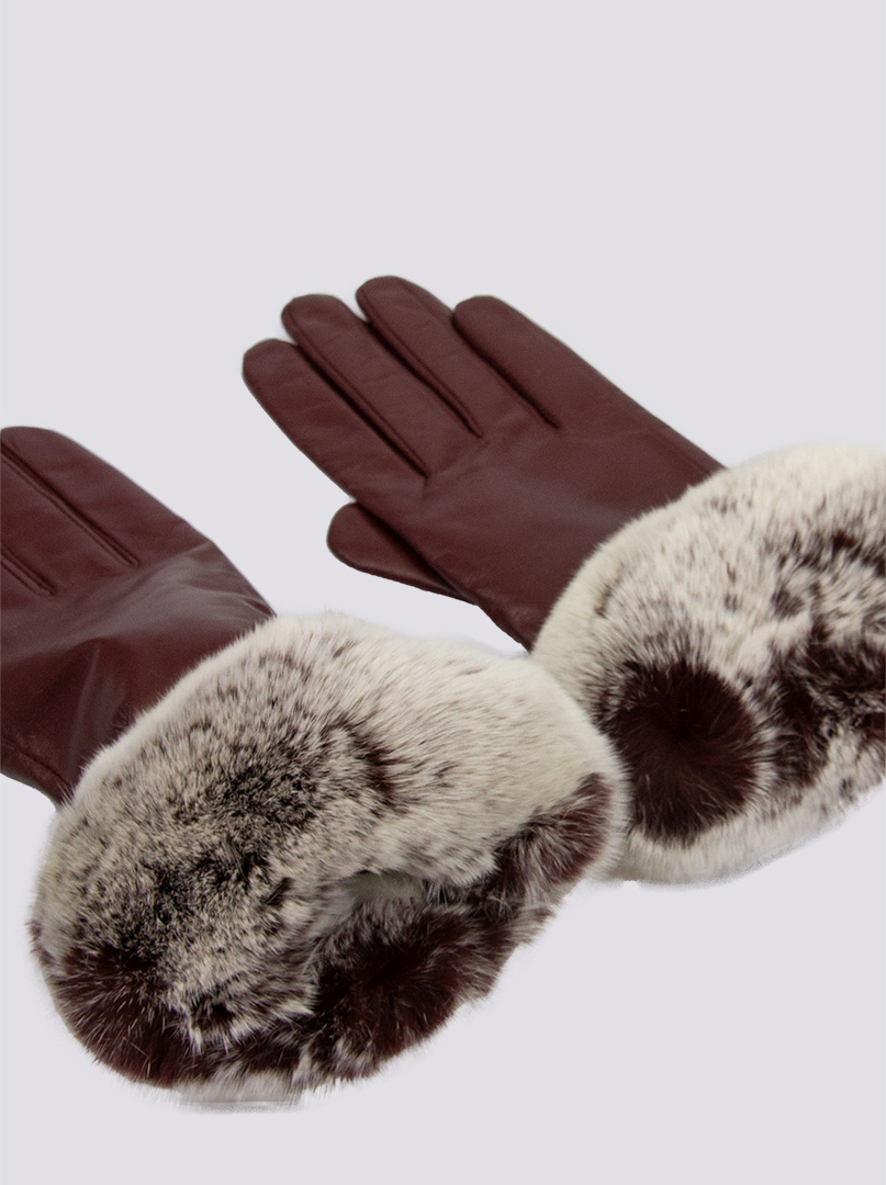 rękawiczki skórzane bordowe z futerkiem - Allora zdjęcie 2