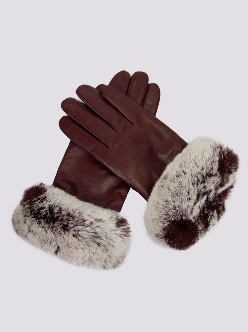 rękawiczki skórzane bordowe z futerkiem - Allora zdjęcie 1