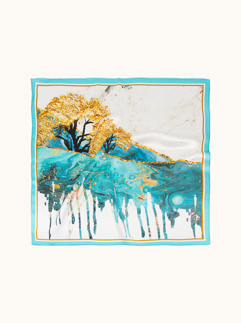 Mała apaszka jedwabna gawroszka kremowa z motywem drzewa 53x53 cm zdjęcie 4