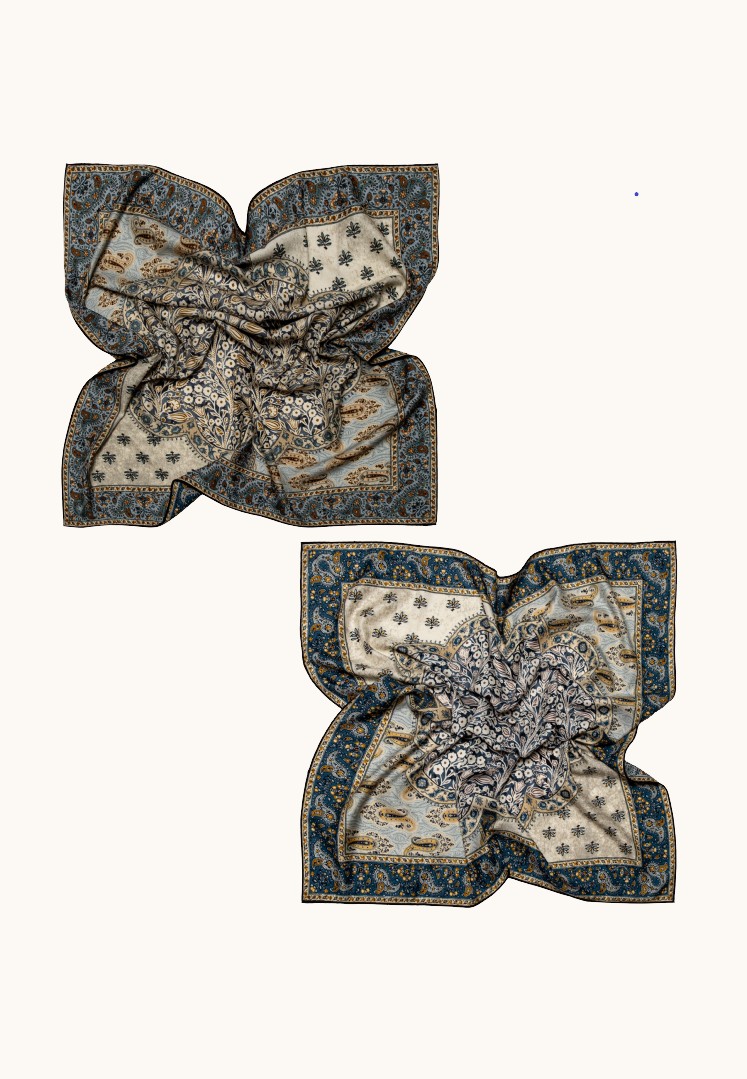 Duża apaszka wełna z jedwabiem z motywem kwiatowym i paisley 90x90 cm zdjęcie 3