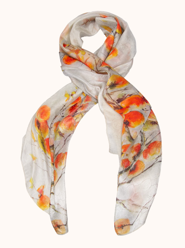 Jacquard silk scarf with an apple tree motif, 50 cm x 170 cm-  s04sz099