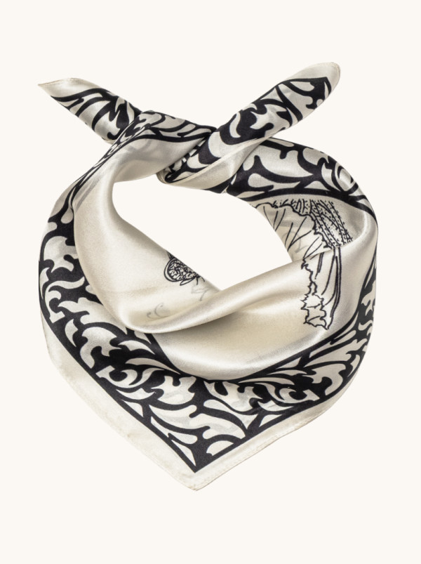 Small silk scarf in ivory shade with black ornament 53cm x53cm