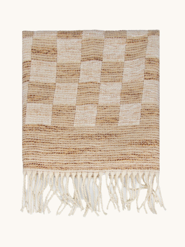 Szal ciepły w kolorze brązowy z beżową obwódką 50 cm x 200 cm