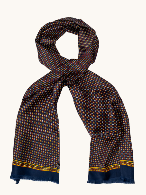 Exclusive men's navy blue scarf with geometric pattern, 25 cm x 160 cm